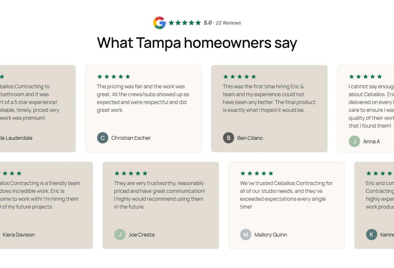 The reviews section of the Ceballos website.